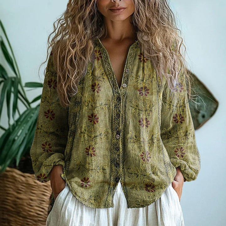 Women's Printed V-Neck Button-Front Blouse - Long Sleeve