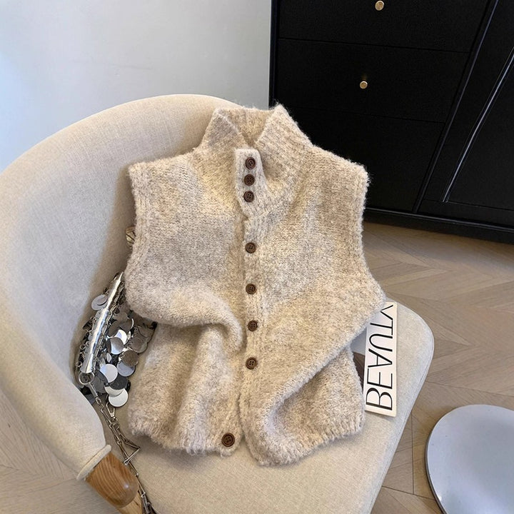 Women's Sleeveless Cardigan - Ribbed Collar
