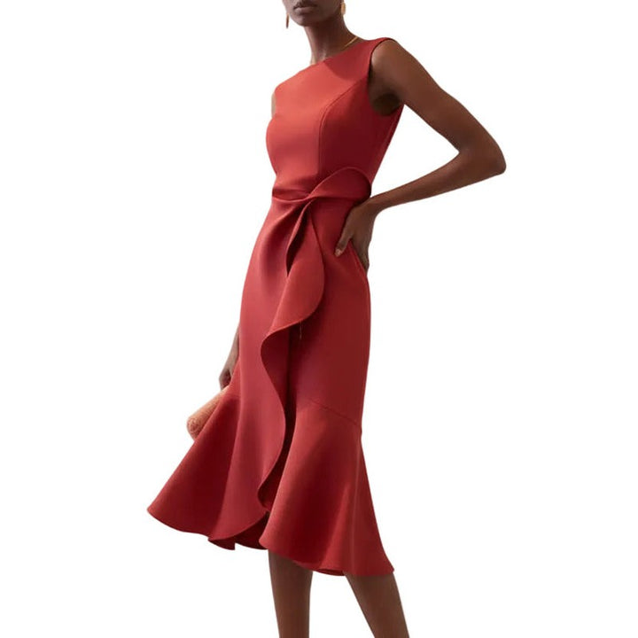 Women's Sleeveless Midi Dress - Asymmetric Draped Waist
