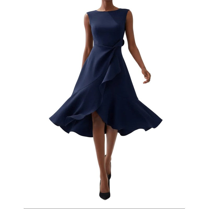 Women's Sleeveless Midi Dress - Asymmetric Draped Waist