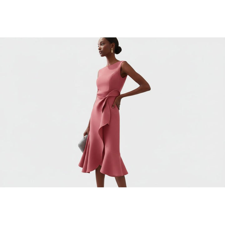 Women's Sleeveless Midi Dress - Asymmetric Draped Waist