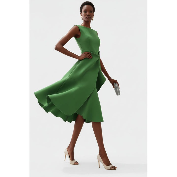 Women's Sleeveless Midi Dress - Asymmetric Draped Waist