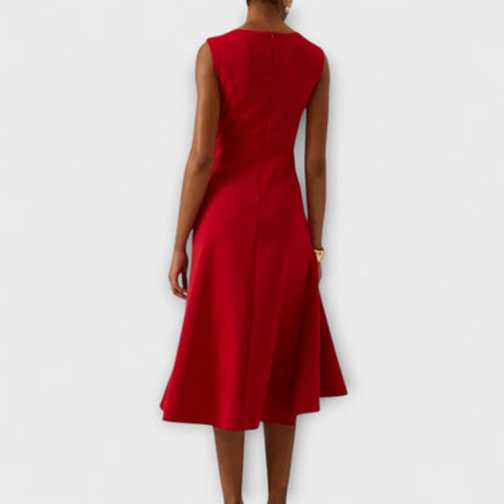Women's Sleeveless Midi Dress - Asymmetric Draped Waist