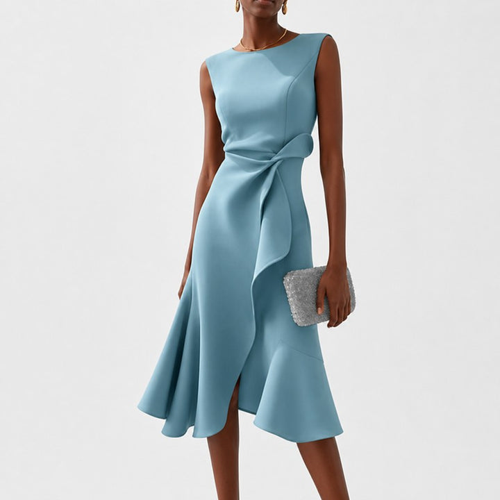 Women's Sleeveless Midi Dress - Asymmetric Draped Waist