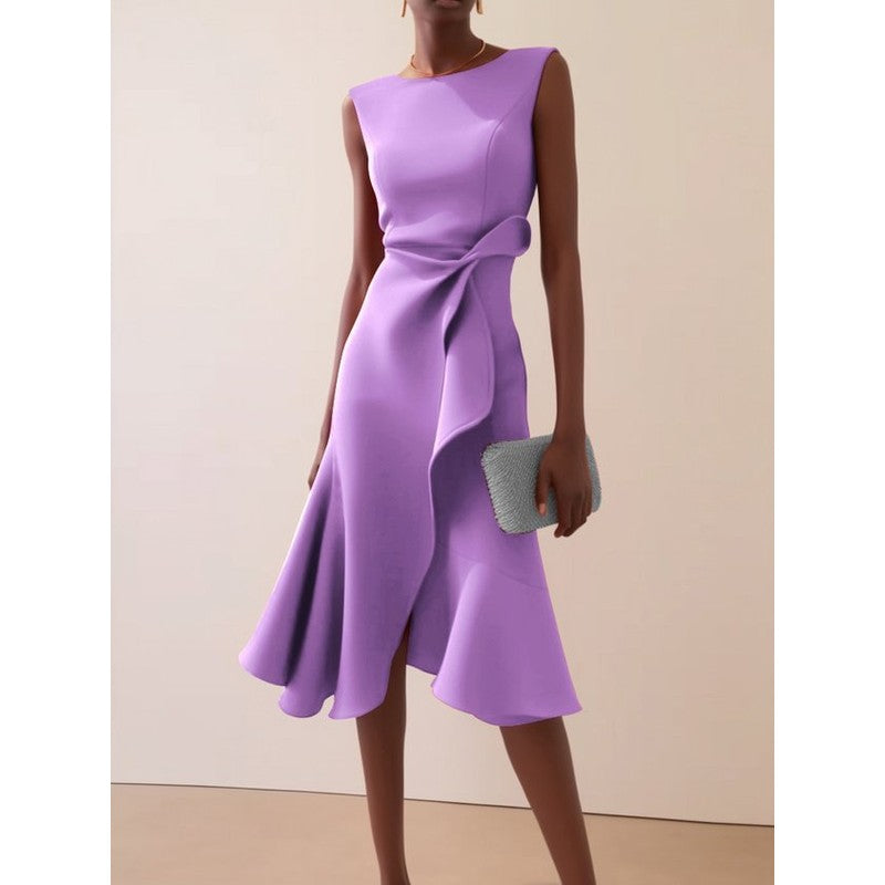 Women's Sleeveless Midi Dress - Asymmetric Draped Waist