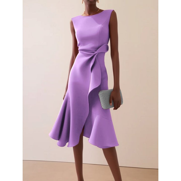 Women's Sleeveless Midi Dress - Asymmetric Draped Waist