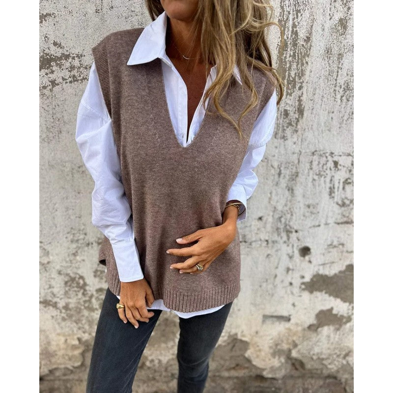 Women's Sleeveless Sweater Vest - V-Neck Ribbed Hem