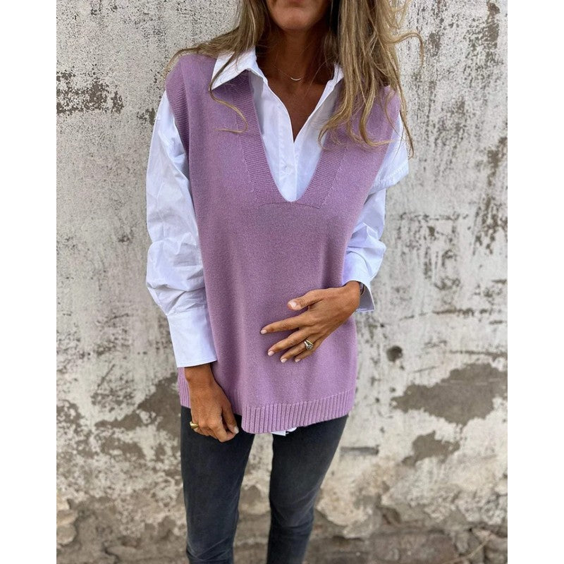 Women's Sleeveless Sweater Vest - V-Neck Ribbed Hem