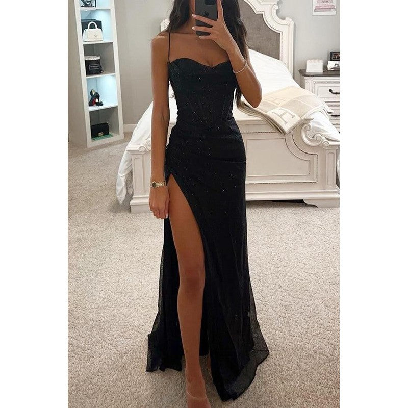 Women's Spaghetti Strap Corset Maxi Dress - Shimmer Sequin with High Slit