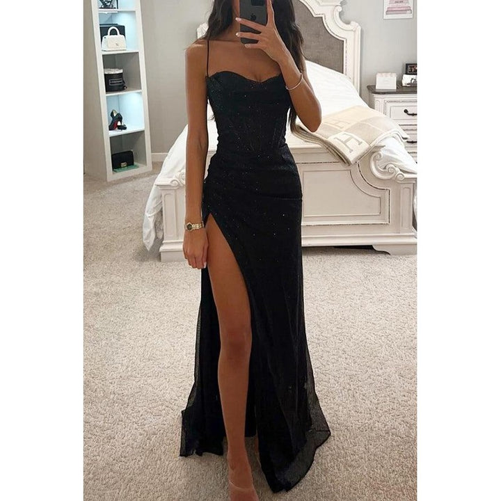 Women's Spaghetti Strap Corset Maxi Dress - Shimmer Sequin with High Slit
