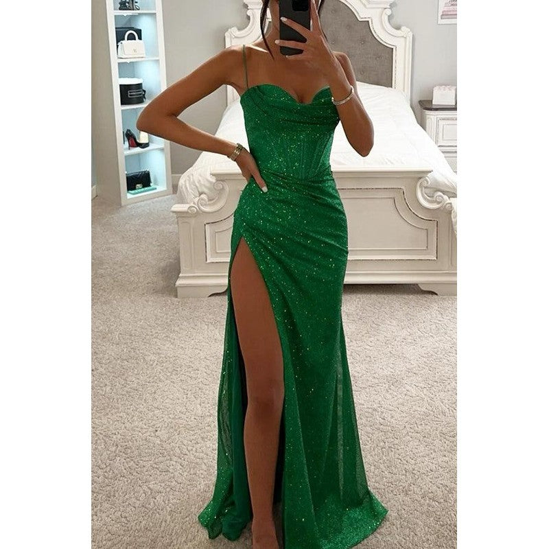 Women's Spaghetti Strap Corset Maxi Dress - Shimmer Sequin with High Slit