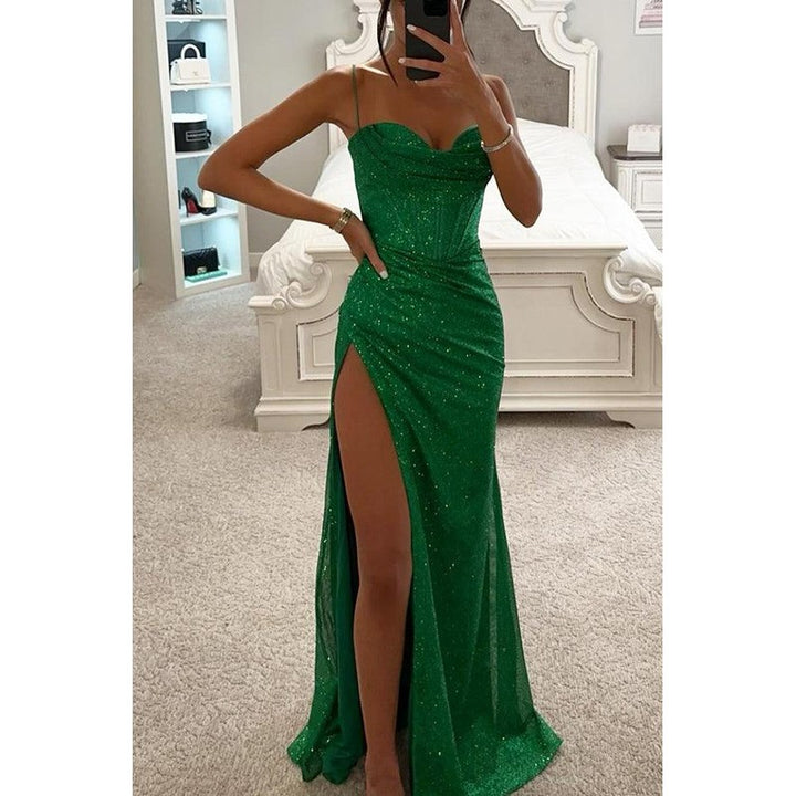 Women's Spaghetti Strap Corset Maxi Dress - Shimmer Sequin with High Slit