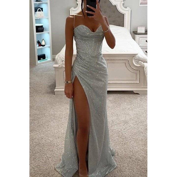 Women's Spaghetti Strap Corset Maxi Dress - Shimmer Sequin with High Slit
