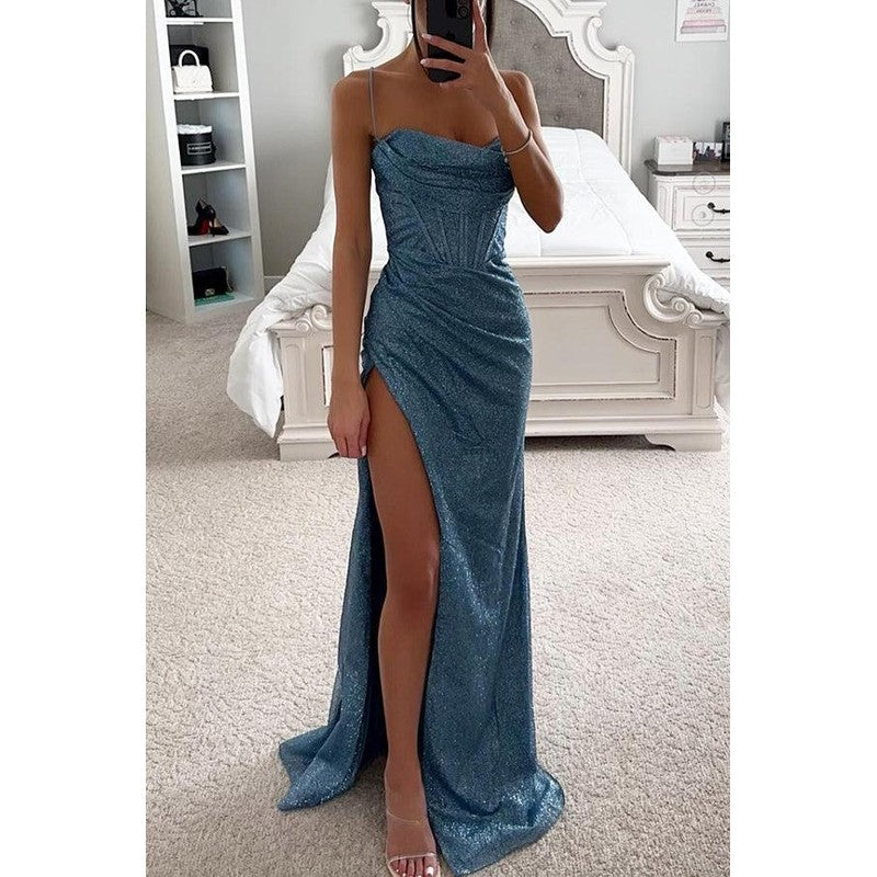 Women's Spaghetti Strap Corset Maxi Dress - Shimmer Sequin with High Slit