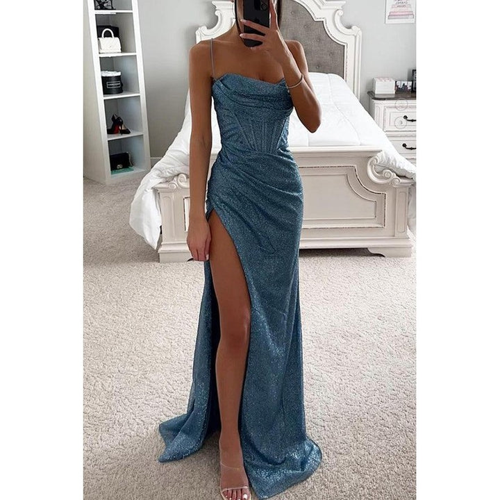 Women's Spaghetti Strap Corset Maxi Dress - Shimmer Sequin with High Slit