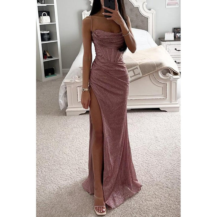 Women's Spaghetti Strap Corset Maxi Dress - Shimmer Sequin with High Slit