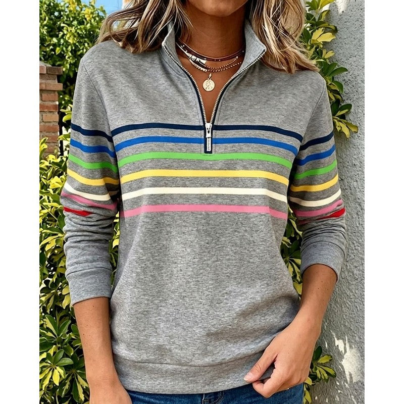 Women's Striped Pullover Sweater - Quarter Zip Neckline