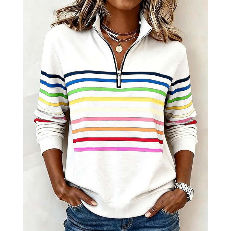 Women's Striped Pullover Sweater - Quarter Zip Neckline