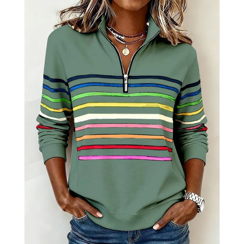 Women's Striped Pullover Sweater - Quarter Zip Neckline