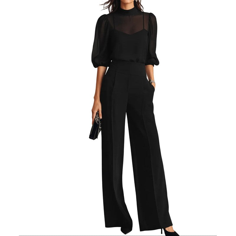 Women's Three-Piece Set - Stand Collar Blouse and Wide Leg Pants