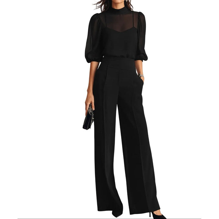 Women's Three-Piece Set - Stand Collar Blouse and Wide Leg Pants