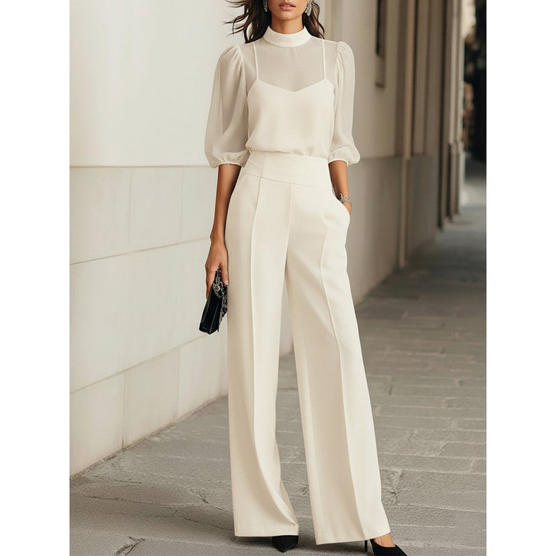 Women's Three-Piece Set - Stand Collar Blouse and Wide Leg Pants