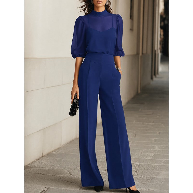 Women's Three-Piece Set - Stand Collar Blouse and Wide Leg Pants