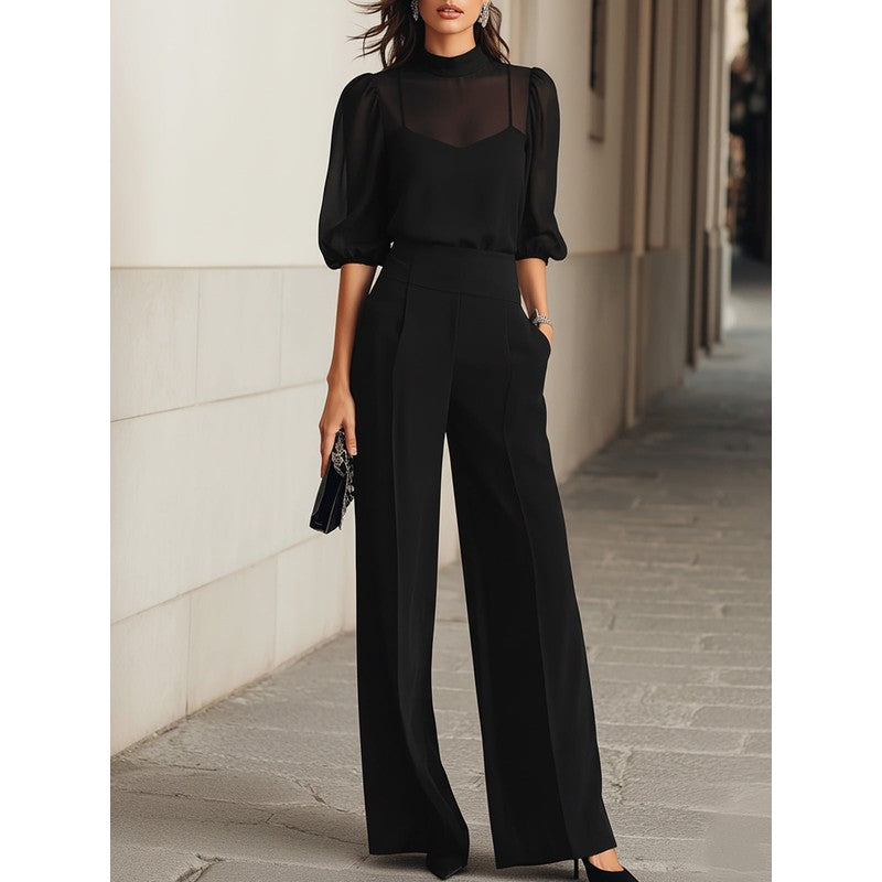 Women's Three-Piece Set - Stand Collar Blouse and Wide Leg Pants