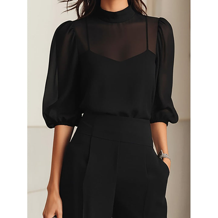 Women's Three-Piece Set - Stand Collar Blouse and Wide Leg Pants