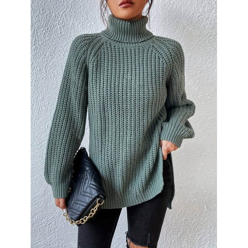 Women's Turtleneck Chunky Knit Sweater - Raglan Sleeve
