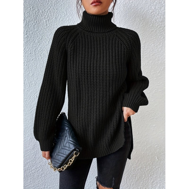 Women's Turtleneck Chunky Knit Sweater - Raglan Sleeve