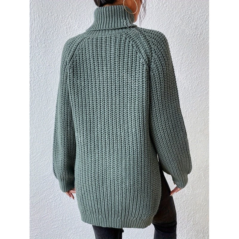 Women's Turtleneck Chunky Knit Sweater - Raglan Sleeve