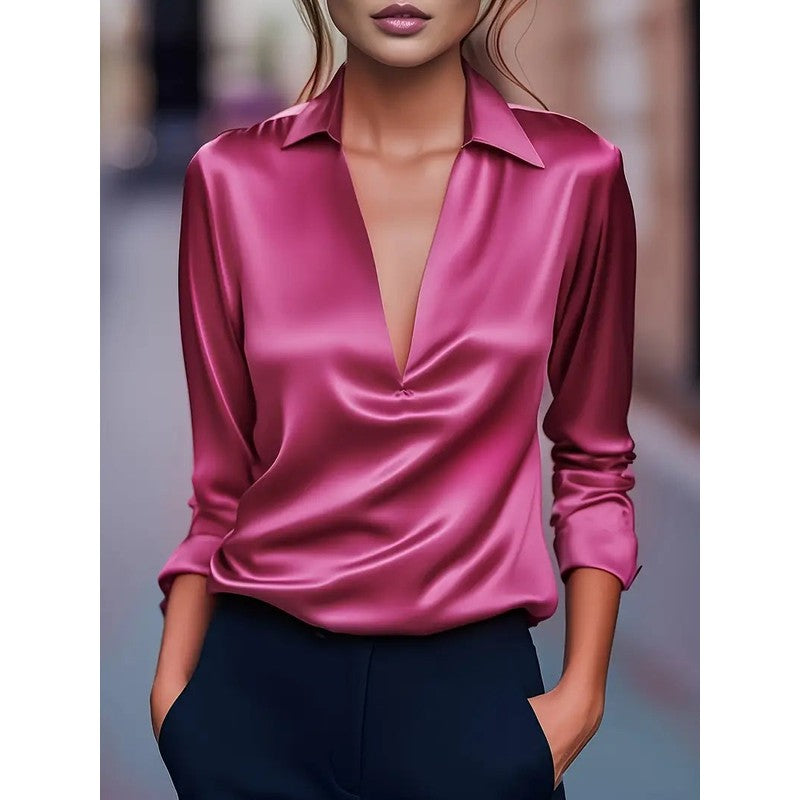 Women's V-Neck Blouse - Shirt Collar