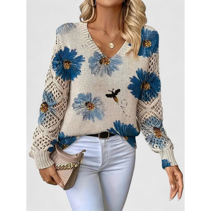 Women's V-Neck Floral Print Sweater