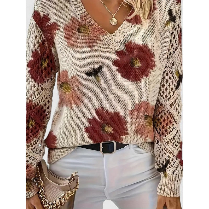 Women's V-Neck Floral Print Sweater