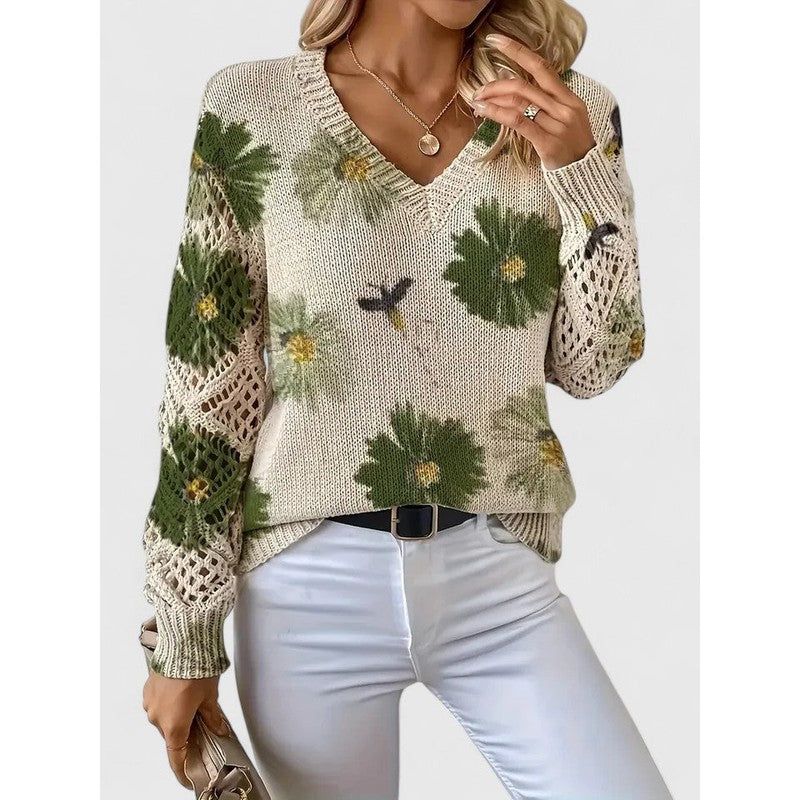 Women's V-Neck Floral Print Sweater