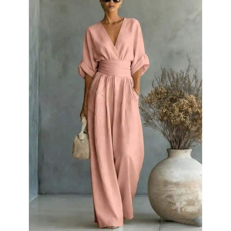 Women's Wide Leg Jumpsuit - Wrap Waistband