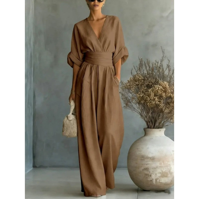 Women's Wide Leg Jumpsuit - Wrap Waistband