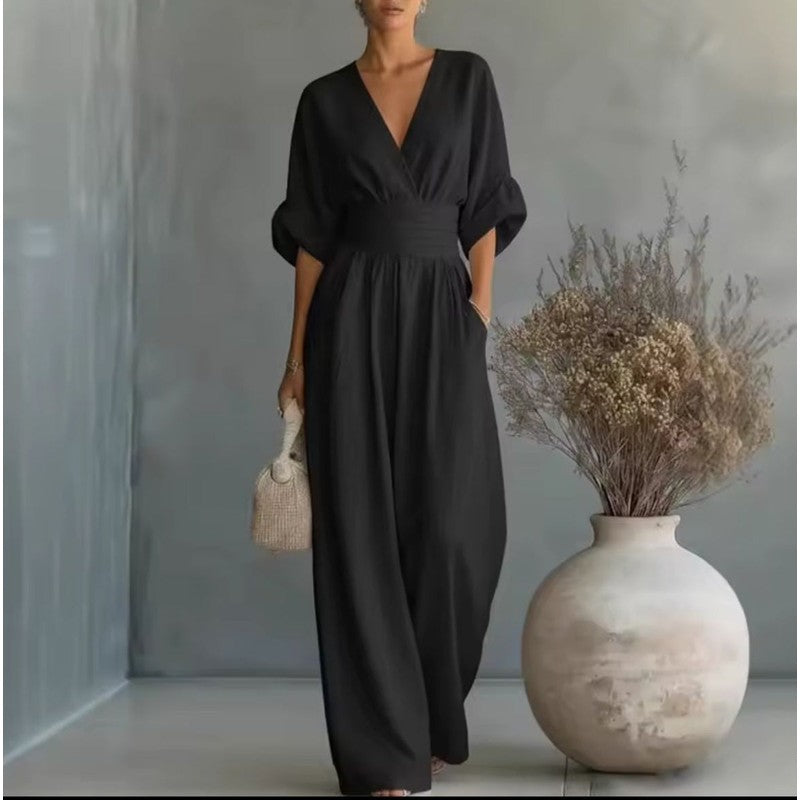 Women's Wide Leg Jumpsuit - Wrap Waistband