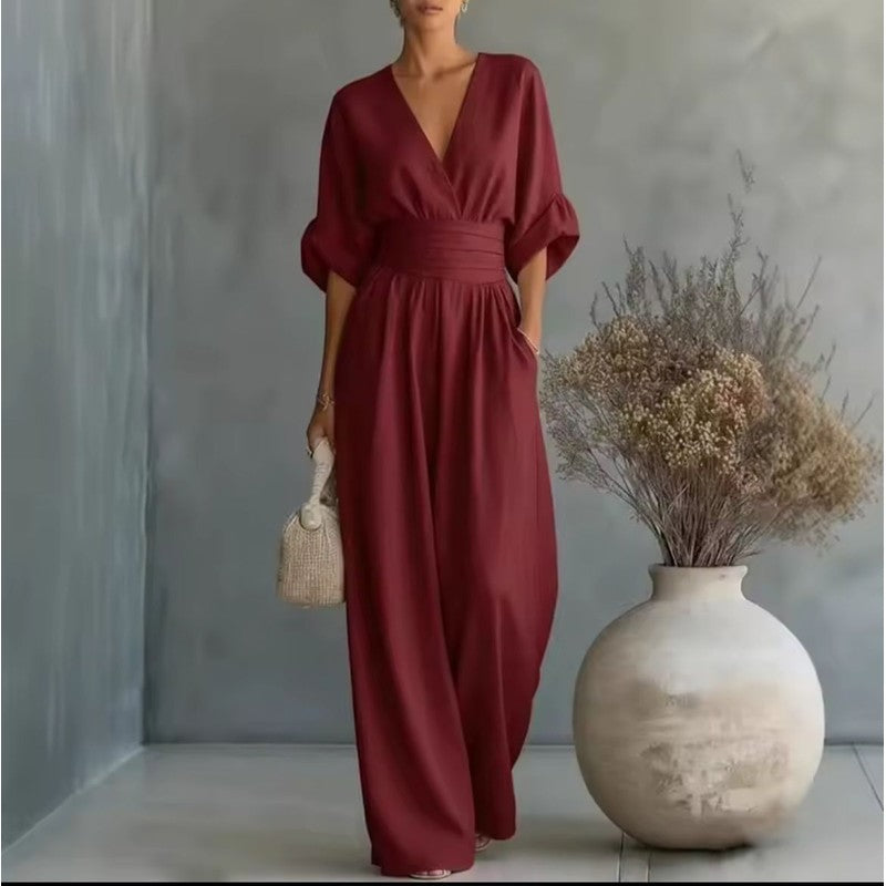 Women's Wide Leg Jumpsuit - Wrap Waistband