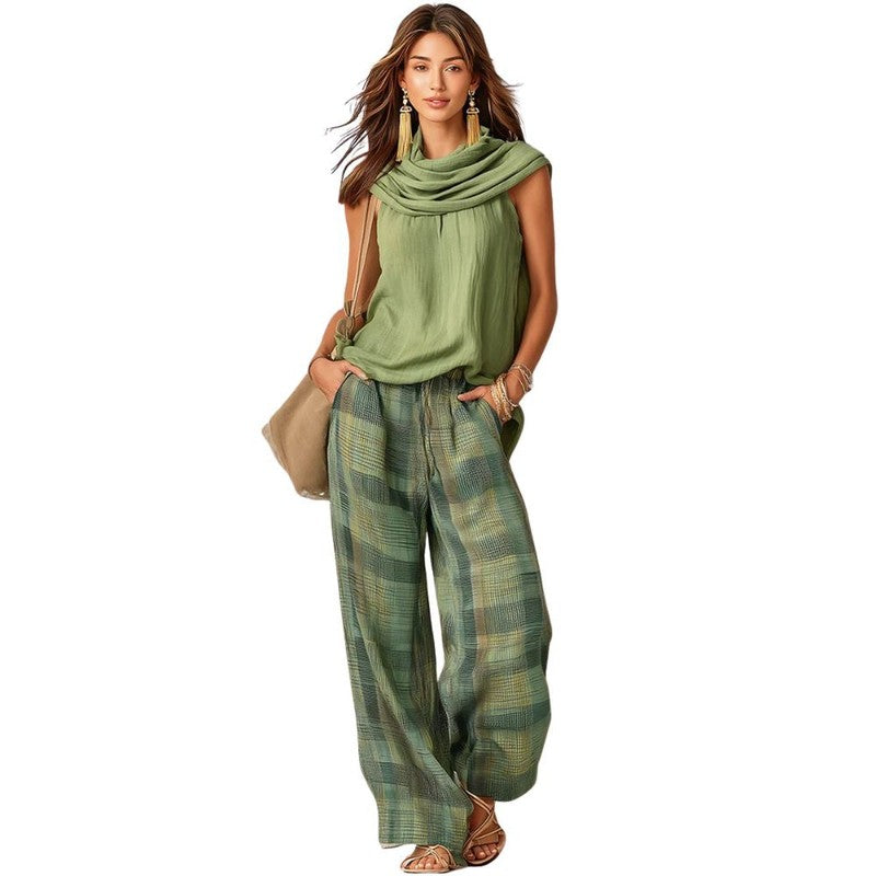 Women's Wide Leg Trouser Set - Draped Neckline