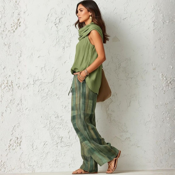Women's Wide Leg Trouser Set - Draped Neckline