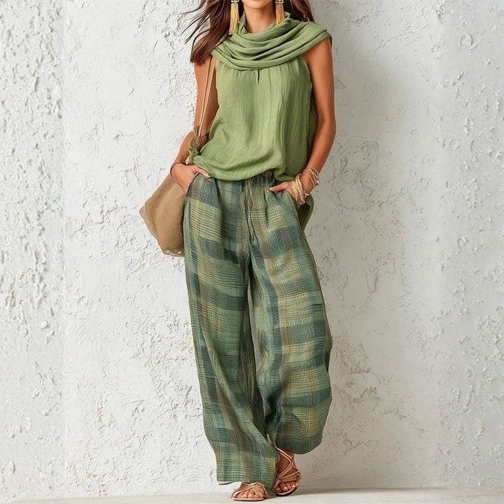 Women's Wide Leg Trouser Set - Draped Neckline