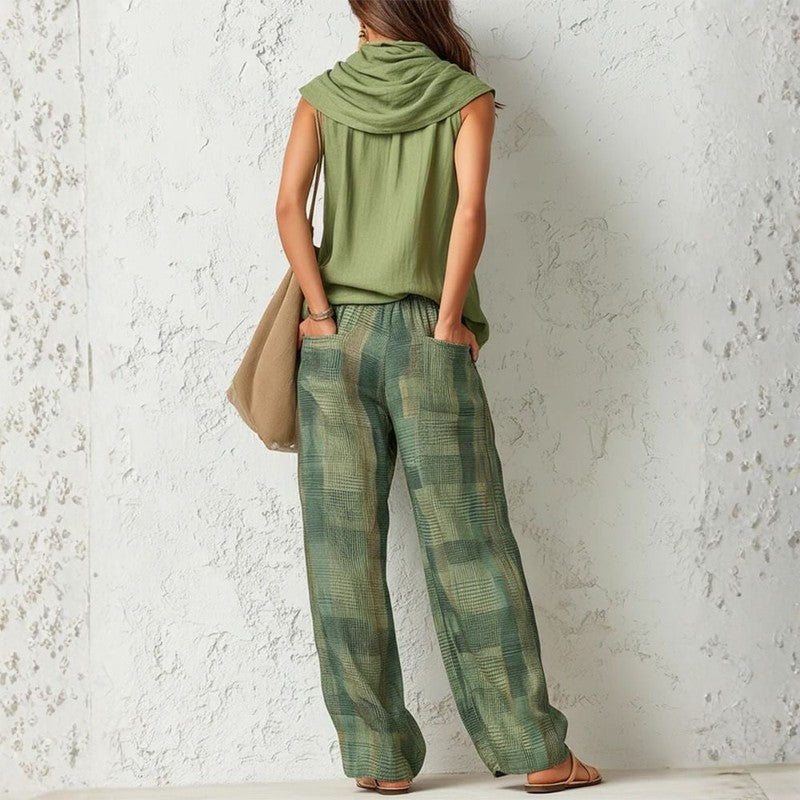 Women's Wide Leg Trouser Set - Draped Neckline