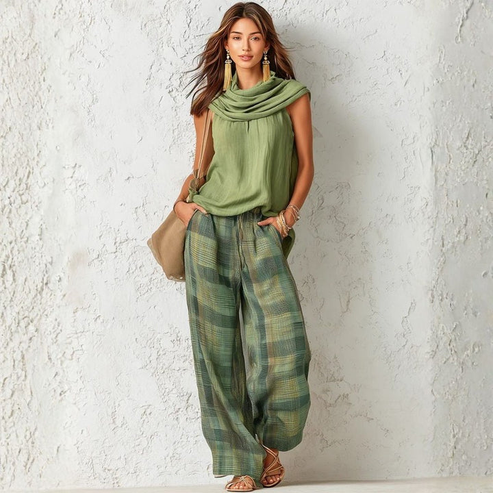Women's Wide Leg Trouser Set - Draped Neckline