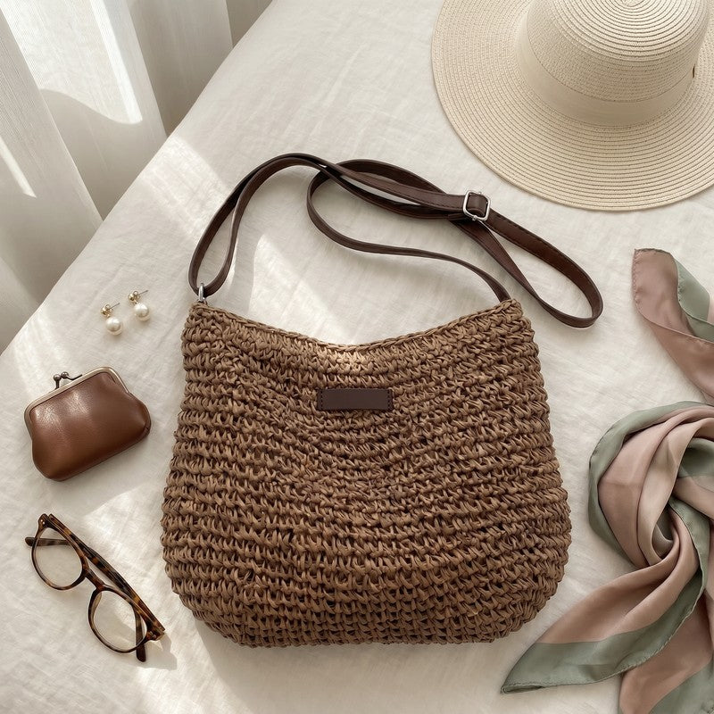 Women's Woven Shoulder Bag - Open-Weave Hobo Silhouette