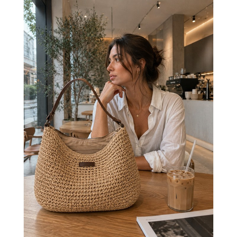 Women's Woven Shoulder Bag - Open-Weave Hobo Silhouette