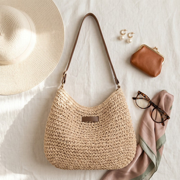 Women's Woven Shoulder Bag - Open-Weave Hobo Silhouette